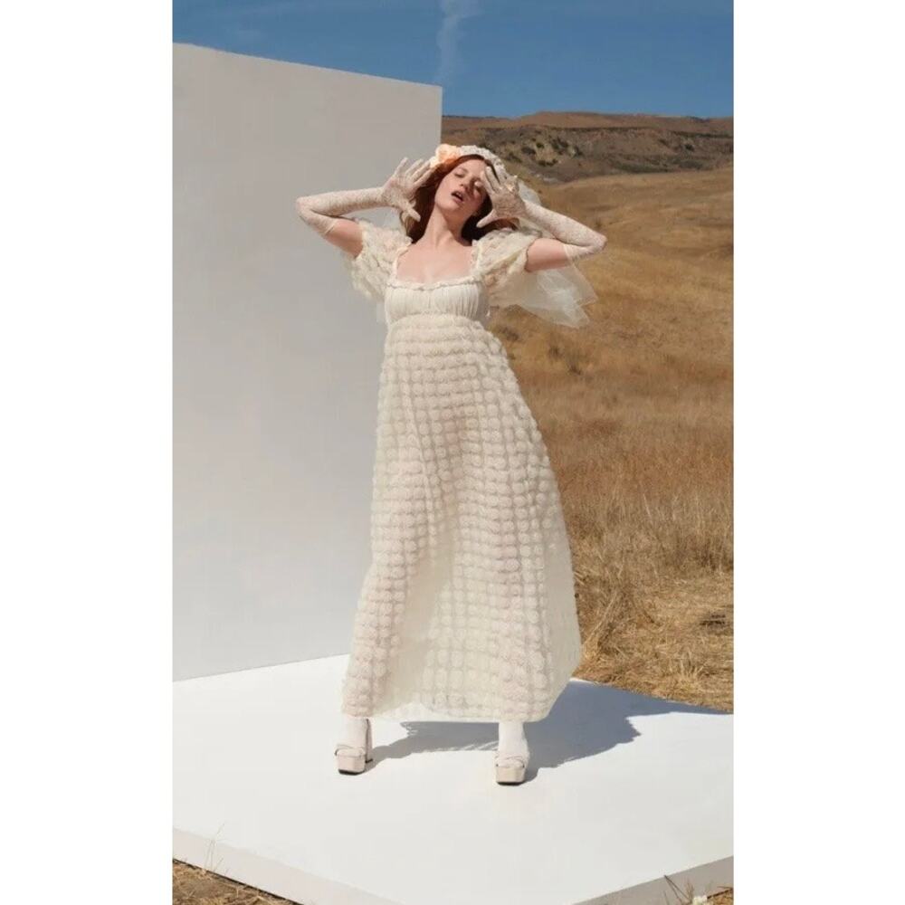 For Love & Lemons Josey Bridal Tulle Rose Maxi Dress Ivory XS NWT